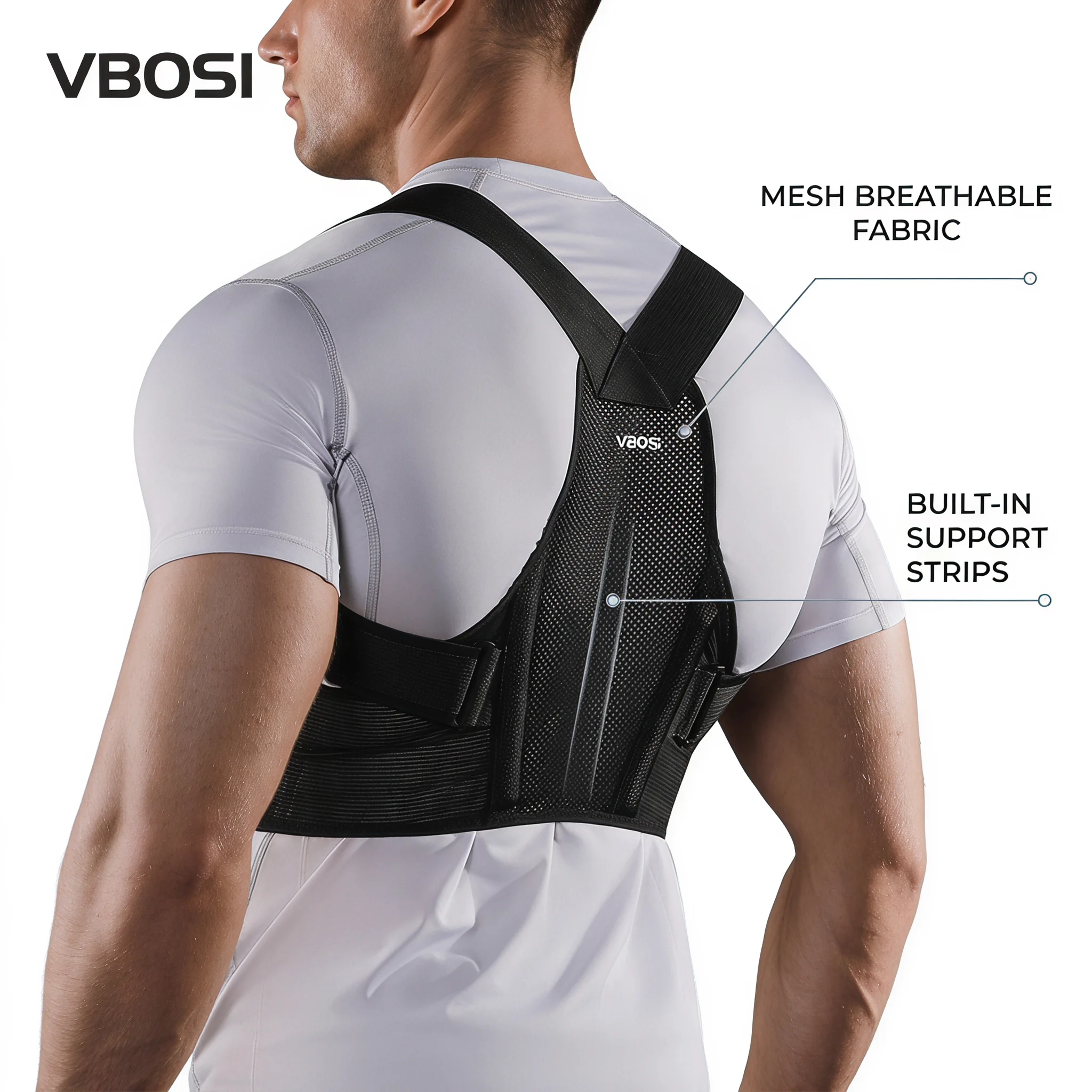 Posture Corrector Back Brace - VBOSI Verstellbarer Haltungskorrektor Atmungsaktiver Netz-Rücken-Schulter-Stützgürtel für
